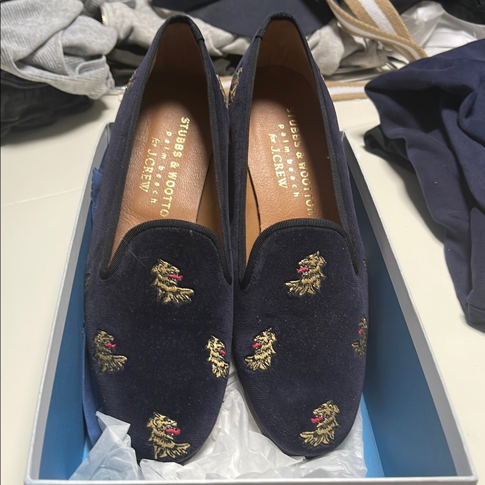 Stubbs & Wootton Blue Loafers with Gold Embroidery